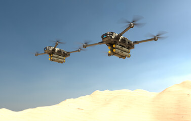 Autonomous war drones flying in the sky. 3D illustration