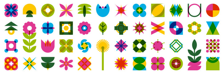 Set of graphic geometric assets with grid, pattern and elements. Vector modern shapes with retro risograph overlay effect. Isolated illustration for stickers, poster, collage, design template