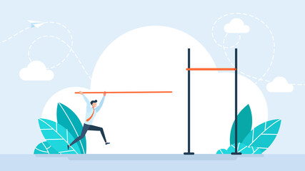 A man runs and accelerates with a pole vault and tries to gain height. Business goal achievement, success solving business problem or succeed survive on financial crisis concept. Flat illustration