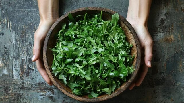 Fresh arugula salad held in hands
