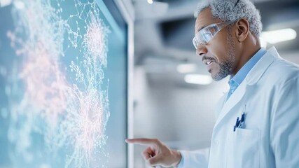 Scientist analyzing digital molecular structure on futuristic touchscreen. - Powered by Adobe