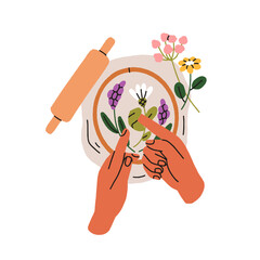Flower pressing, herbarium decoration. Hands with floral branches on fabric, craft process. Handmade botanical decor. Creative flora, DIY work. Flat vector illustration isolated on white background.