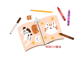 Sketchbook drawings. Crayon pencils, stationery tools for craft. Paper notebook, cute doodle cats on pages of kids journal, creative notepad. Flat vector illustration isolated on white background.
