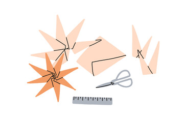 Origami stars, paper folding art. Creative hobby, Japan craft, DIY handmade tools, sheet and scissors. Hand-made decoration. Japanese handcraft. Flat vector illustration isolated on white background.