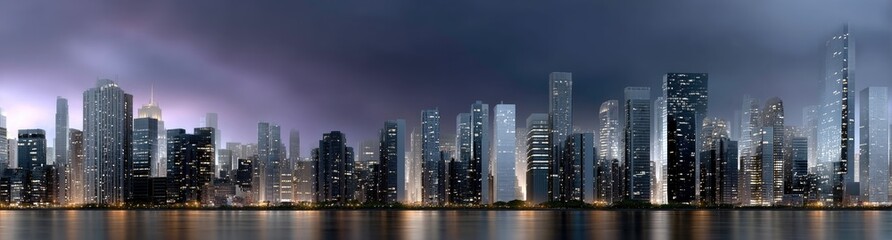 Naklejka premium City skyline showcases towering skyscrapers glowing against a dark blue sky, capturing the vibrant atmosphere of nightlife.
