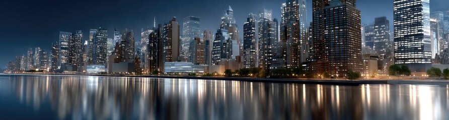 Skyscrapers glow under a dark purple sky, highlighting the vibrant nightlife and urban energy of the bustling city after sunset.