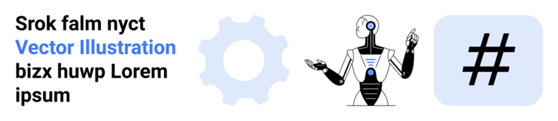 Robot centered between a gear and metadata tag, symbolizing AI, innovation, and digital themes. Ideal for automation, tech blogs, AI design, coding topics, futuristic UI branding ideas simple