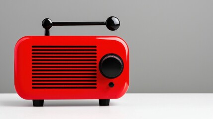 Fototapeta premium A red vintage radio with a black antenna and knob.