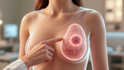 Breast Cancer Detection Visualization with Professional Medical Hand Indicating Tumor Site in Woman's Chest Tissue