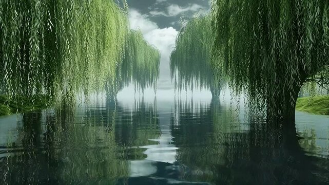 Misty, serene landscape with weeping willows over a flooded area