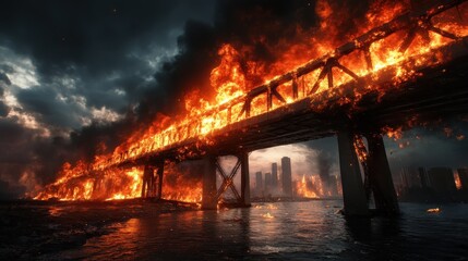 A dramatic scene capturing a bridge engulfed in flames against a backdrop of dark, ominous clouds, symbolizing chaos and destruction in an urban environment.