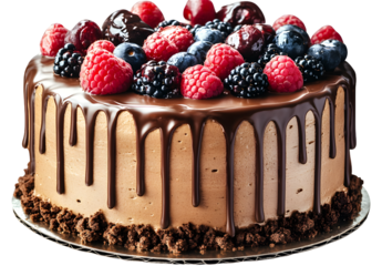 Chocolate birthday cake with berries and cookies cut out on transparent background