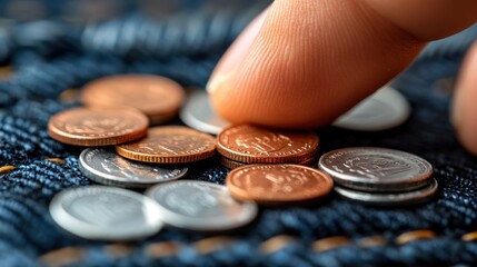 Close-up of a fingertip picking up coins from a denim surface.