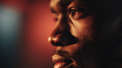 Close up portrait of person with dramatic lighting highlights their facial features, creating cinematic and intense atmosphere. warm tones add depth and emotion to image