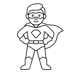 Black and white line art of a superhero boy in cape and mask with hands on hips