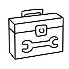 Black and white line art of a toolbox with a wrench symbol, minimal illustration