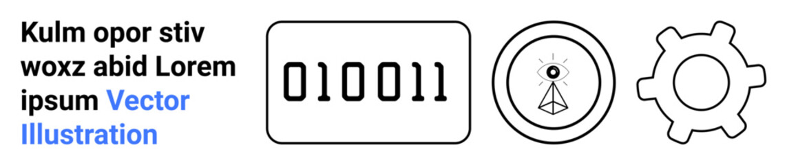 Binary code block, communication tower with signal symbol, and gear icon. Ideal for technology, innovation, software, engineering, data transfer, wireless communication simple landing page
