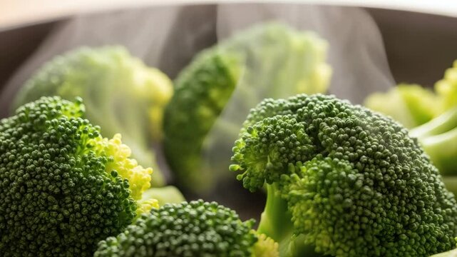 Close up view of fresh green broccoli florets steaming in a dark colored cooking pot or pan 4k uhd video