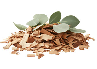Pile of tindalo wood chips with eucalyptus leaves on a transparent background, PNG