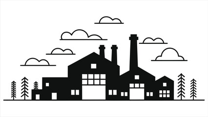 Obraz premium ( Industrial Warehouses)Simple black and white silhouette illustration of a factory and trees....