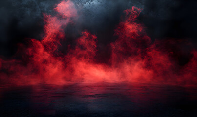 Black background with red smoke, concrete floor, dark room, night scene, studio backdrop for product display, abstract backdrop, mockup template