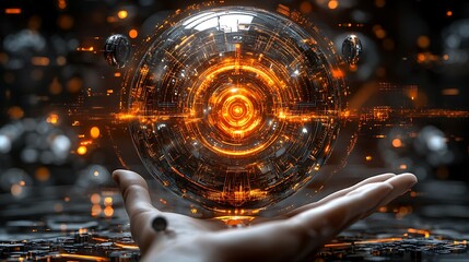 Futuristic hand holding glowing orb with advanced technology design concept