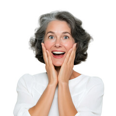 Fototapeta premium Middle aged woman with gray hair expressing happy surprise with hands on face in white blouse