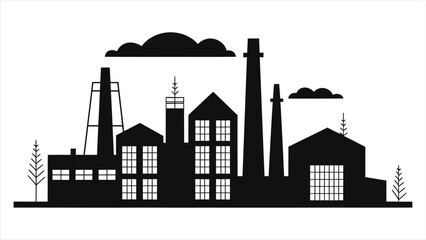 Naklejka premium (Industrial Warehouses)Vector Silhouette of Industrial Buildings and Factories/A minimalist, black silhouette of various industrial buildings, factories, and smokestacks on a white background.