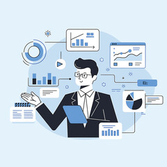Businessman Analyzing Data with Digital Interfaces and Charts