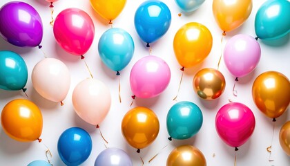 Colorful Birthday Balloons Flat Lay on White Background
