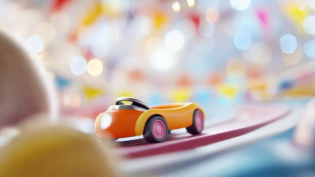 Adorable hamster driving a tiny toy car on a colorful fun track.