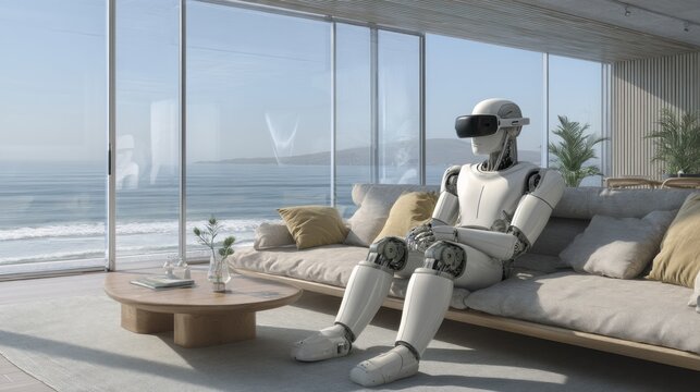 features the latest technology. Humanoid robot wearing VR headset sits on cozy sofa in stylish beachside room, ocean view background, concept of future leisure.