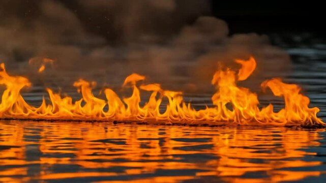 Line of Fire Burning on Water Surface with Smoke