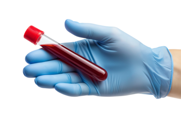 Hand holding blood sample in a test tube for medical examination isolated on transparent background
