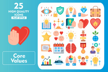 Obraz premium Core values Flat Icon Set. Incleded Icons Vision, Privacy, Positivity, Value Proposal, Briefcase, Knowledge, Gender Equality, Oath, Hand, Passion. Vector Icons Collection
