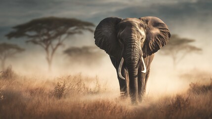 Obraz premium Elephant Walking Through Misty African Savannah in Dramatic Light