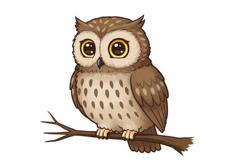 Cartoon Owl Perched on a Branch with Big Eyes
