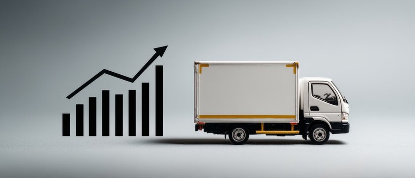White miniature delivery truck and an upward-trending bar graph