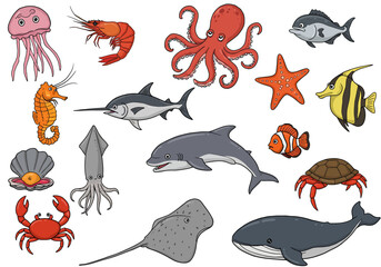 Cartoon Sea Creatures Jellyfish Shrimp Octopus Fish Starfish and More