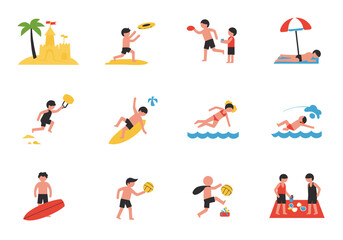 Beach Activities Icons People Playing Swimming and Relaxing