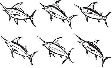 set of marlin fish line art, black outline, vector and illustration, coloring book page line art drawing