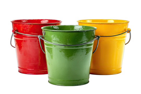 Three colorful metal buckets