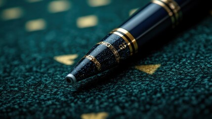Close-up of elegant blue pen tip on dark green textured surface.