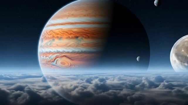 Jupiter and its moons from above the clouds