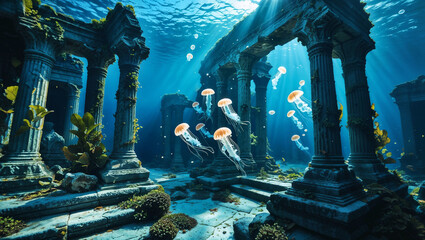Underwater ancient ruins with classical columns surrounded by floating jellyfish and marine vegetation.