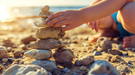 Child's Hands Carefully Stacking Stones into Elegant Pile, Soft Focus Ocean Background, Serene Coastal Activity