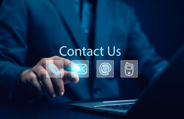 Businessman icons (address, phone, email, mobile, call) contact customer support, email website help, business contact service digital technology, contact us, 24 hours online customer service center c