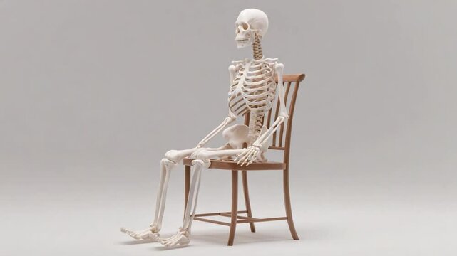 Human skeleton model sitting on chair with realistic posture and details for educational and artistic purposes