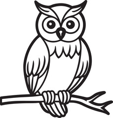 owl sitting on branch line art, black outline, vector and illustration, coloring book page line art drawing