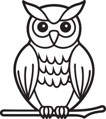 owl sitting on branch line art, black outline, vector and illustration, coloring book page line art drawing
